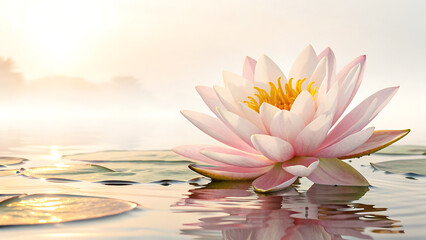 Pink lotus flower blooming in calm water with soft sunlight and reflection, serene nature background