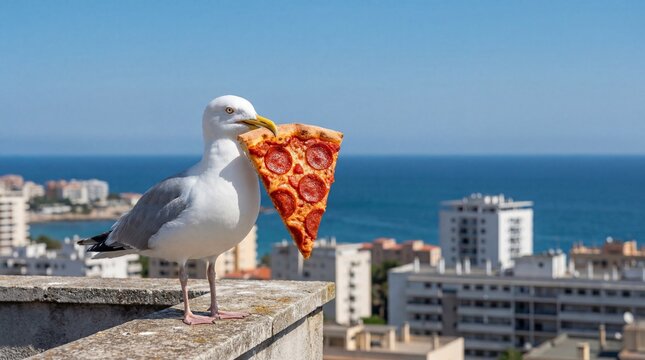 White seagull pizza thief stands proudly on urban rooftop, holding pepperoni slice in its beak. Large bird overlooks city skyline, ocean view. Concept seagull pizza for funny animal content,