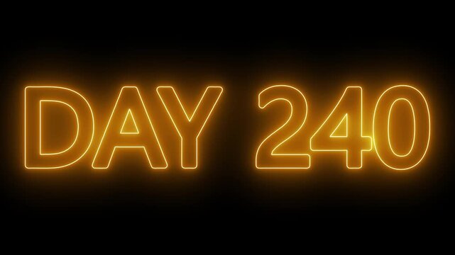 Animated glowing flickering neon inscription DAY 240. Day 240 neon text animation, calendar counter concept on black background