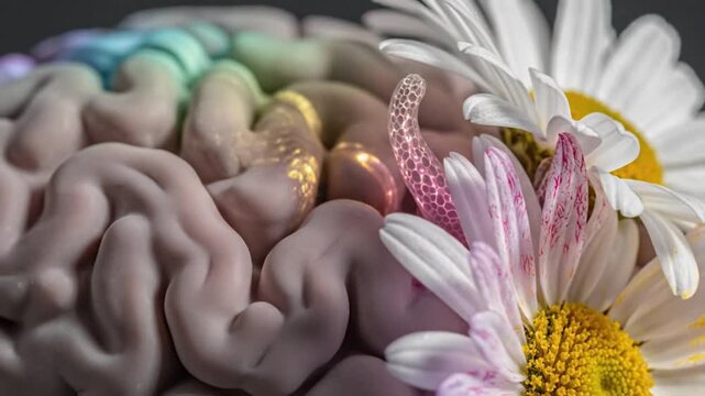 Vibrant artificial model of human brain with colorful sections and a daisy flower on top.