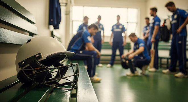 Somber cricket players contemplate their performance, helmets resting nearby, in a quiet changing room