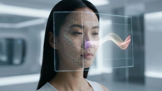 Young woman using innovative facial device with augmented reality display showing skin data. Smart skincare technology analysis concept.