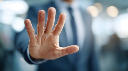 Businessman showing stop gesture with his hand, close-up view.