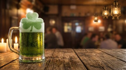 Green beer with shamrock foam on wooden table in pub setting  St. Patrick's Day