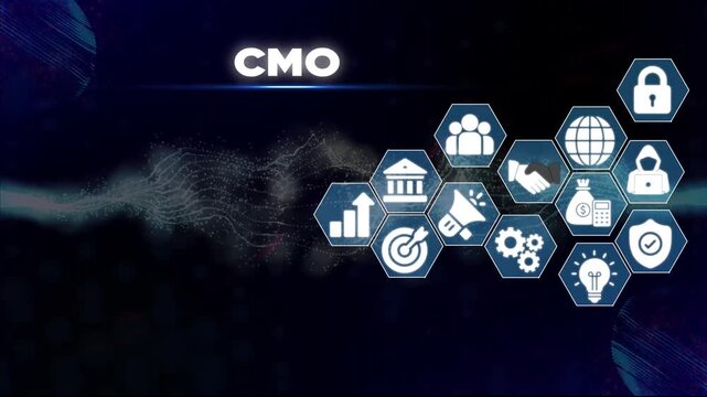 C M O marketing strategy concept with for business growth and security on a dark background with neon lights