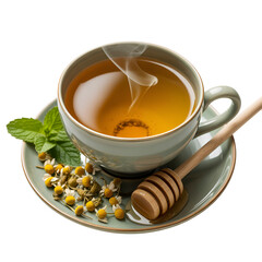 Warm cup of herbal tea with honey and fresh mint leaves on a wooden table