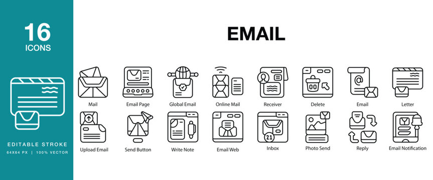 Email icon set. Includes email, inbox, message, newsletter, campaign, marketing and More. Editable Stroke Icon Collection.
