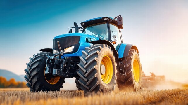 A bright blue tractor works in a golden field under a clear, sunny sky, demonstrating agricultural prowess.