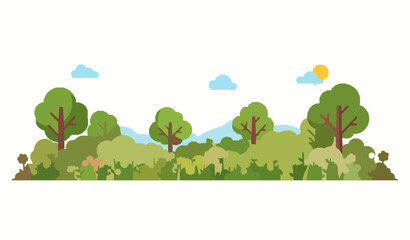 Fototapeta premium Vibrant Cartoon Meadow Landscape Vector with Green Trees Colorful Flowers Flying Bees and Sunny Sky Icons on White