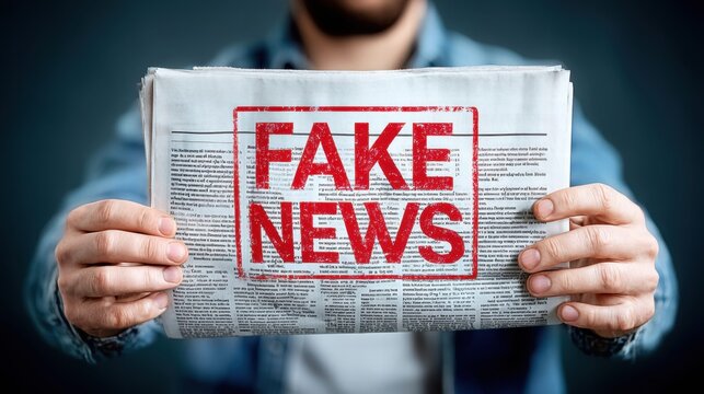 A person displays a newspaper bearing the bold statement 'Fake News'.