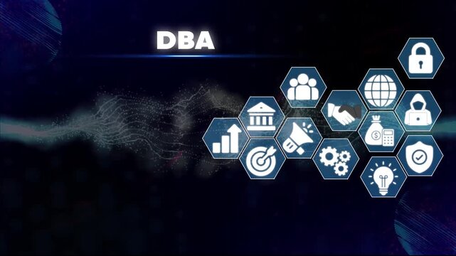 D B A Business Concept with Various and Symbols on Dark Background Representing Finance, Security, and Technology