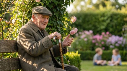 Elderly man sitting on a bench and holding a flower in garden  St. Patrick's Day