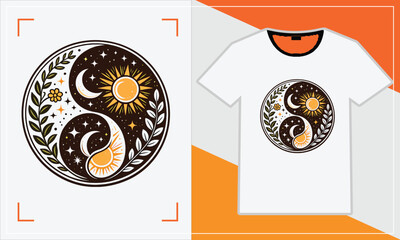 T-shirt featuring a circular design with yin and yang symbols and sun motifs