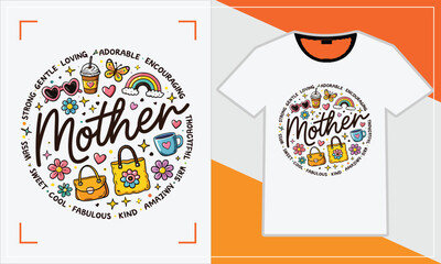 Colorful mother's day t-shirt design featuring various shopping bags and items