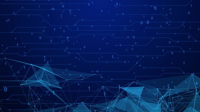 Abstract blue technology background featuring glowing network plexus, digital data connections, fractal grid structures, and flowing light wave motion lines.