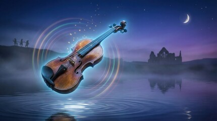 Fototapeta premium Floating violin in magical misty night over calm water. St. Patrick's Day banner 