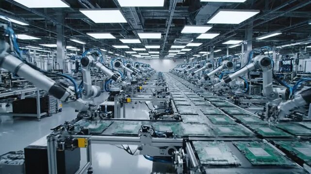 Automated manufacturing facility with robotic arms assembling electronic components on a production line viewed from a high vantage point in a large industrial setting