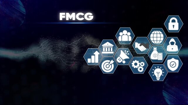 Fast Moving Consumer Goods F M C G Business and Symbols on Dark Background with Glowing Hexagons FMCG