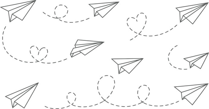 Paper airplanes flying in different directions with dotted lines and hearts on white background