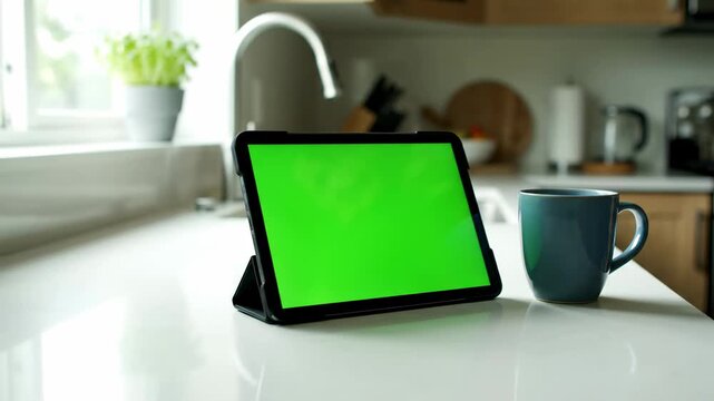 Tablet with green screen on kitchen counter, ready for custom content