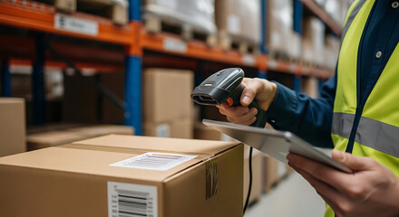 Naklejka premium Worker meticulously performing warehouse operations and enhancing inventory management through advanced scanning technology