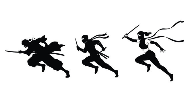 Three martial artists in dynamic poses with swords in hand running