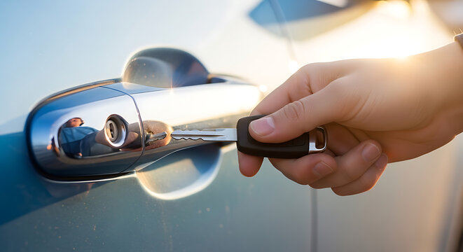 Close-up of a hand holding car keys to unlock the door of a modern vehicle
