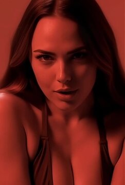 Primer plano de mujer sonriendo con iluminaci&oacute;n monocrom&aacute;tica roja intensa y sombras dram&aacute;ticas en estilo cinematogr&aacute;fico