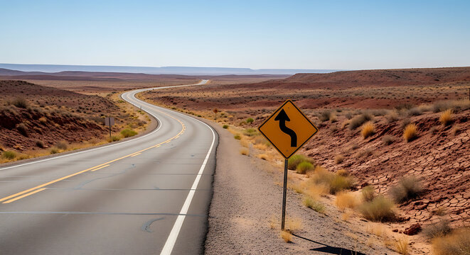Winding Desert Highway with Warning Sign Under Bright Blue Sky in Arizona