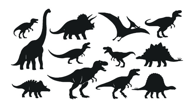 A group of various dinosaurs in black silhouette on a white background