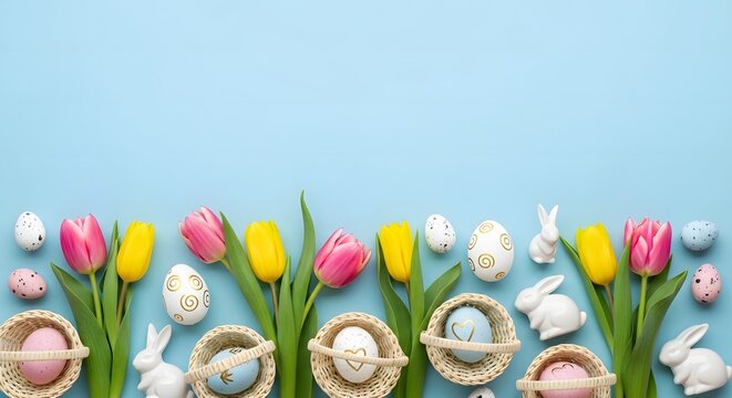 Easter eggs in baskets tulips and bunnies on blue background