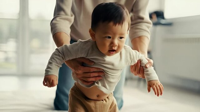 Man assisting Asian baby learning to walk at home. Parent helping child with first steps, development, and support. Early childhood education.