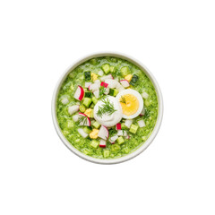 Cold green soup with egg and vegetables