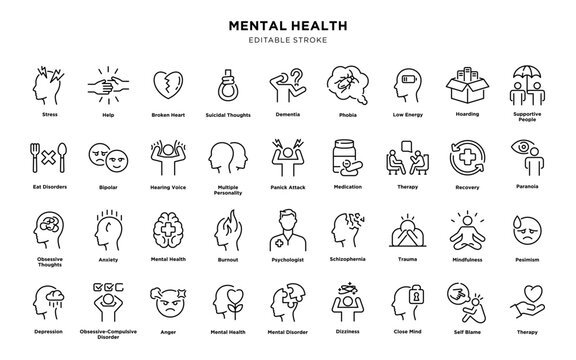 Mental health line icons set with therapy and wellness concepts. Editable stroke