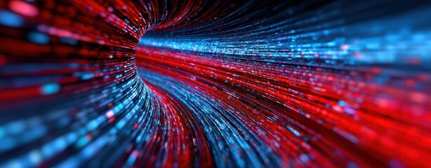 Fototapeta premium High Speed Digital Information Fiber Optic Tunnel with Red and Blue Light Streaks Flowing Through Advanced Data Transmission Disruption Encryption Simulation