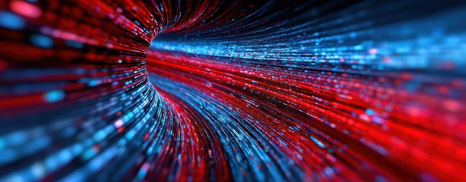 High Speed Digital Information Fiber Optic Tunnel with Red and Blue Light Streaks Flowing Through Advanced Data Transmission Disruption Encryption Simulation