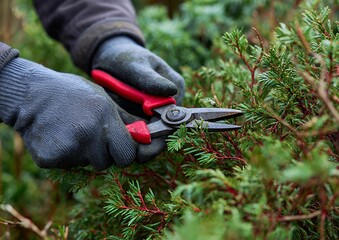 Gardener pruning shrub branches with garden shears close up
