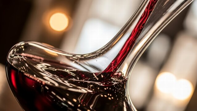 Decanting red wine: A detailed close-up captures the art of decanting a fine red wine into a crystal decanter, showcasing the deep ruby color and smooth pouring motion.