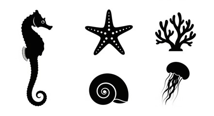 Collection of marine life silhouettes on a white background. © Efan