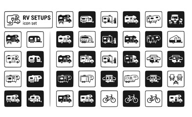 RV Setups RV-Parking Recreational-Vehicle RV-Tailgate Motorhome-Setup RV-Camping Vehicle-Setup RV-Configuration Vector Icon Set - RV Tailgate