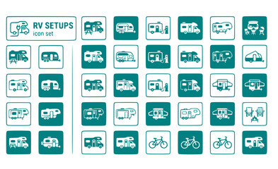 RV Setups RV-Parking Recreational-Vehicle RV-Tailgate Motorhome-Setup RV-Camping Vehicle-Setup RV-Configuration Vector Icon Set - RV Tailgate