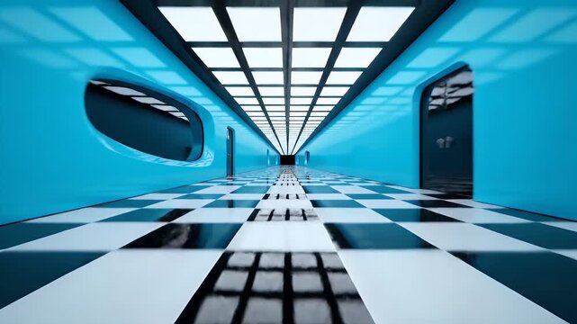 Long blue corridor with checkerboard floor and grid ceiling lights