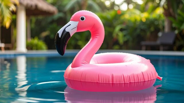 Bright pink inflatable flamingo float rests on turquoise pool water surrounded by lush greenery