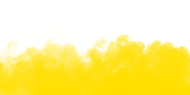 Intense vibrant yellow smoke cloud billows dramatically upward against a stark black background creating abstract visual texture
