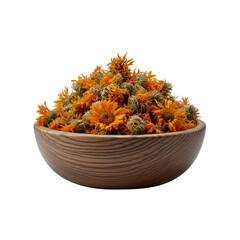 Dried calendula flowers in a wooden bowl