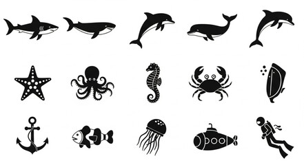 Collection of marine life and underwater objects silhouettes. © Efan