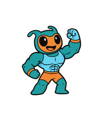 Naklejka premium Cartoon superhero character posing with flexed muscles on black background