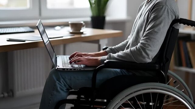 Caucasian man in wheelchair working on laptop from home office, typing on keyboard and using mouse. Remote work with disability concept.