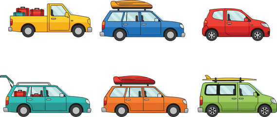 Fototapeta premium Colorful travel car illustration set, family vacation vehicles with luggage, flat cartoon design, road trip transport icons, isolated white background