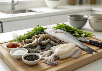 Fresh seafood and spices on wooden cutting board